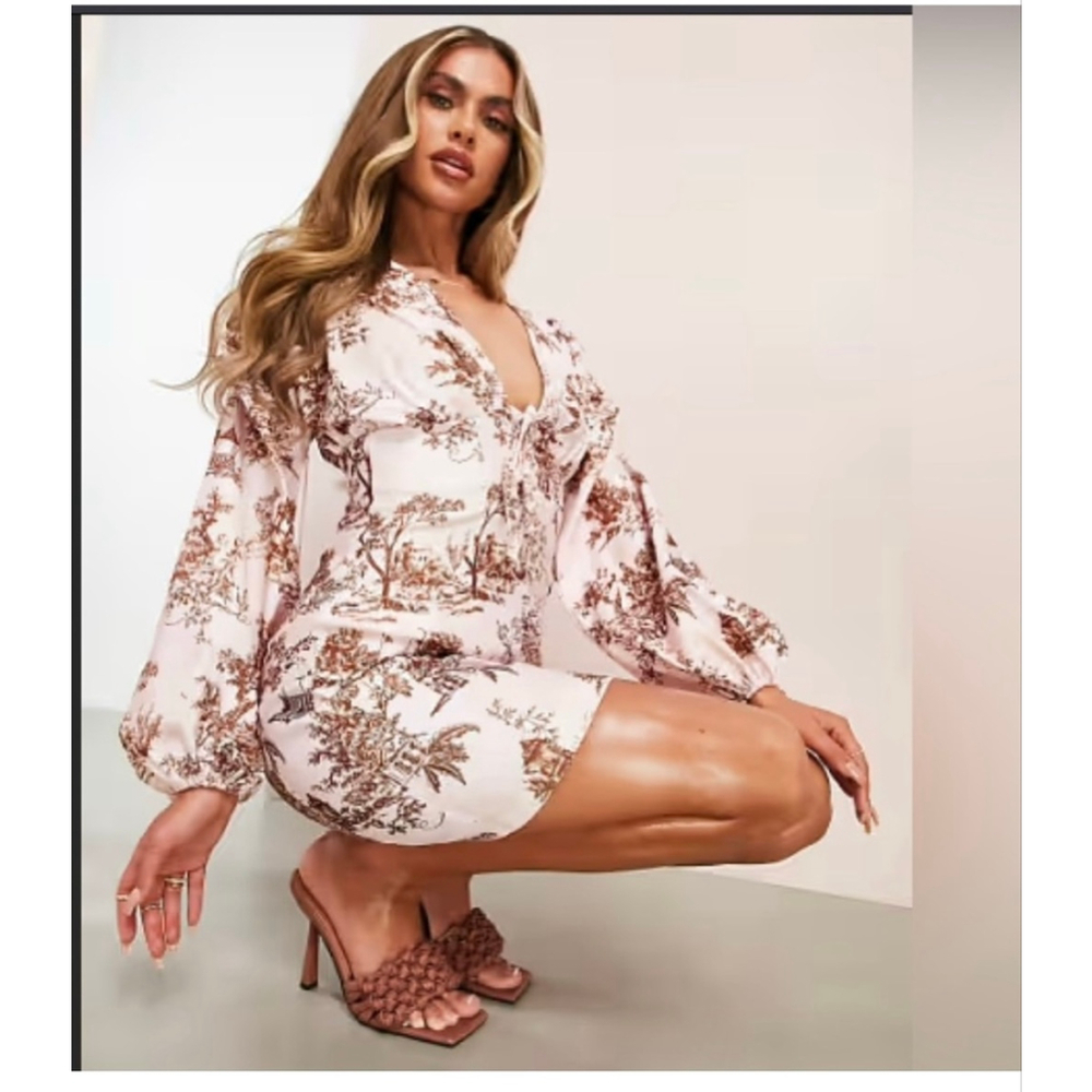 ASOS Luxe Pink Toile Print Mini Dress US 18 Balloon Sleeve Open Back